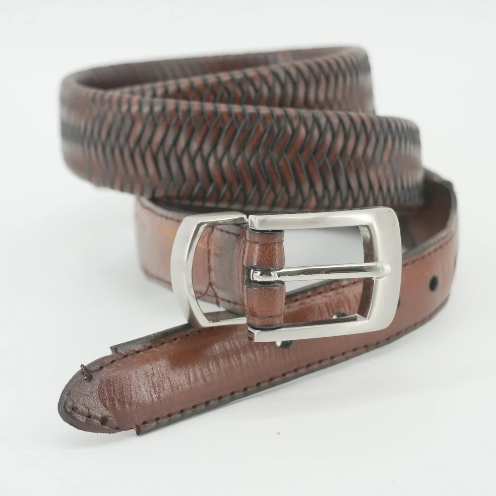 Braided Leather Belt Mens 38-40 Brown Herringbone Woven Silver Buckle
